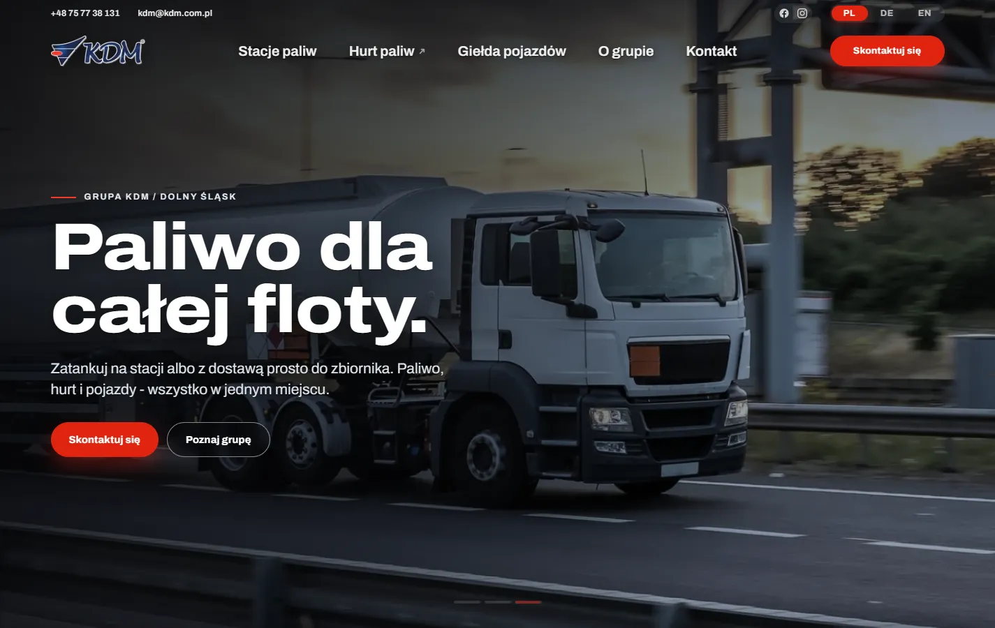 Gotowa strona kdm.com.pl: sekcja otwierająca serwisu Grupy KDM