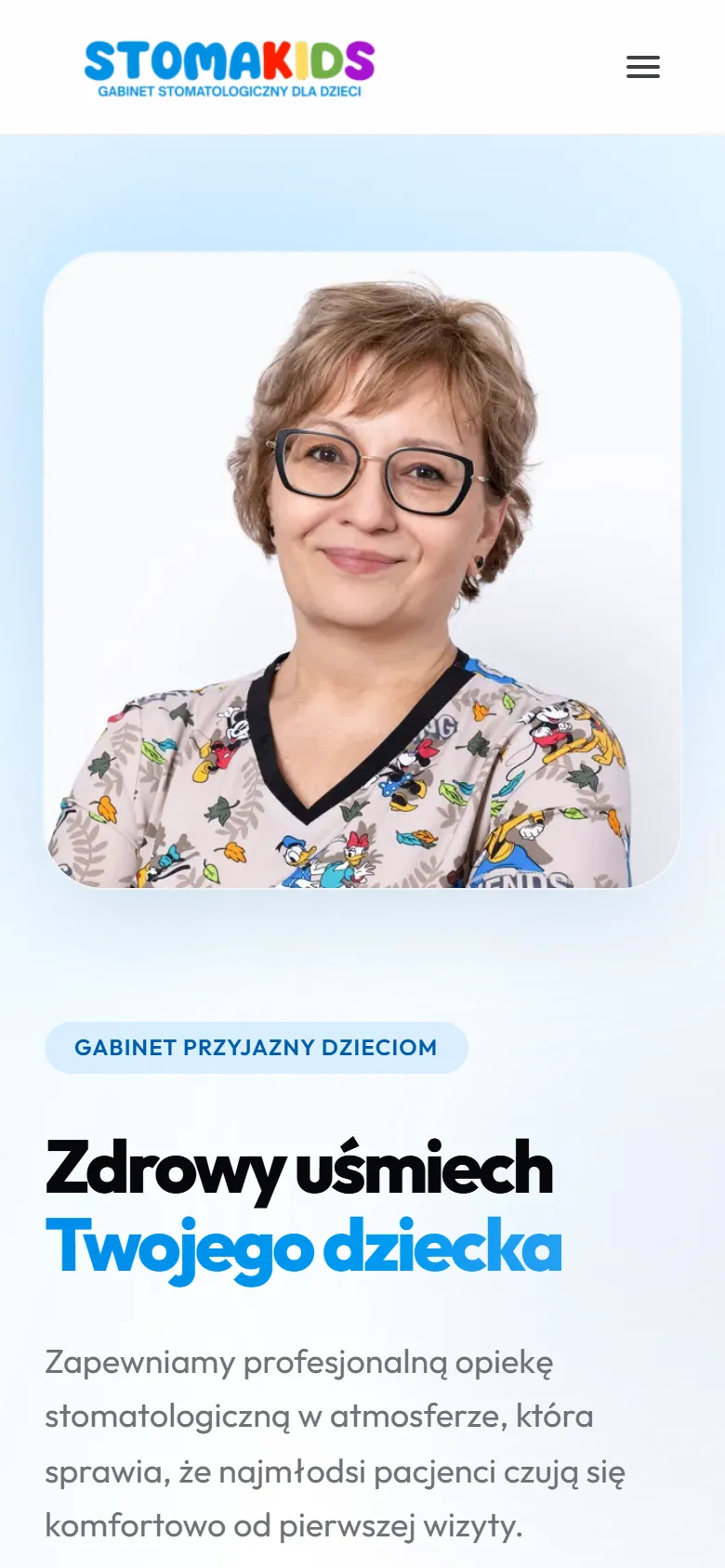 Strona gabinetu StomaKids na ekranie telefonu: sekcja powitalna z zapisem na wizytę