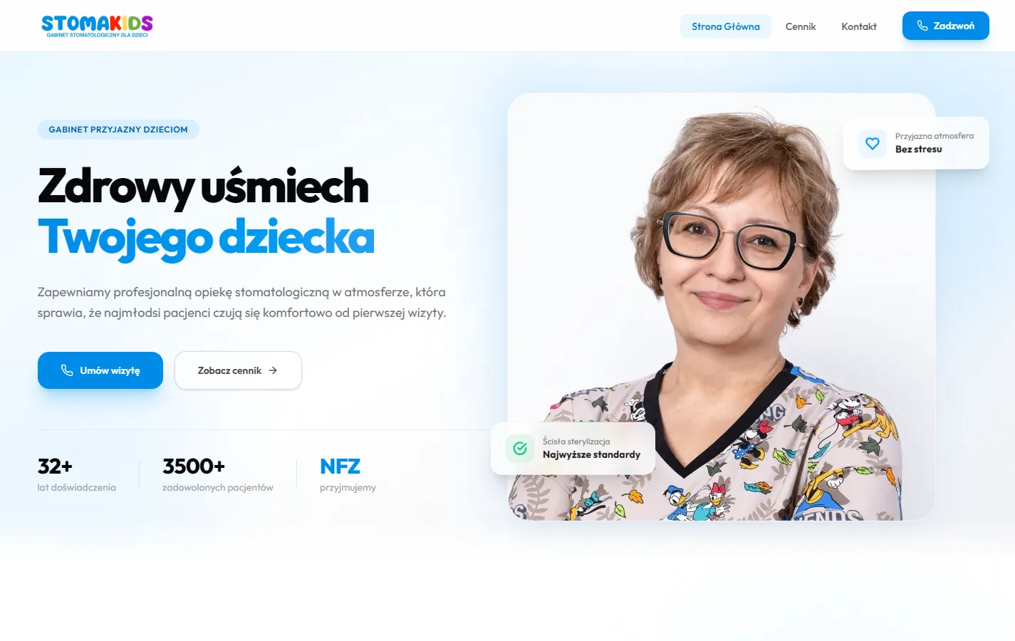 Sekcja otwierająca strony gabinetu StomaKids na dużym ekranie